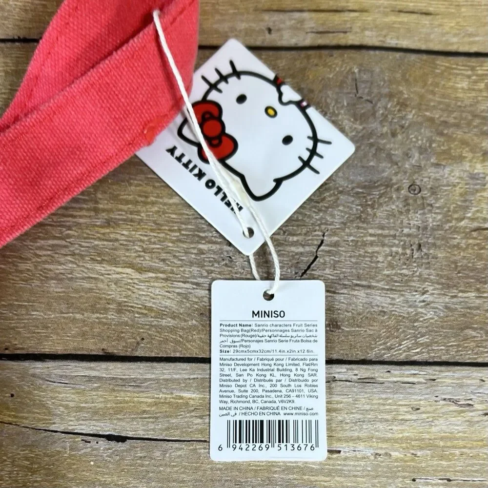 Miniso Sanrio Hello Kitty Pink Canvas Tote Bag Red‎ Handles New With Tags